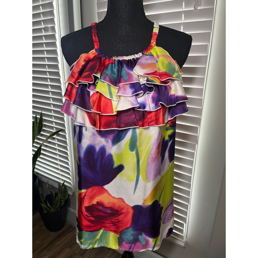 Karen Kane Silk Multicolor Floral Ruffle Tank Blouse L Boho Resort Statement - Picture 2 of 10